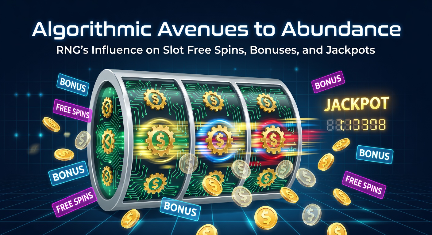 Digital visualization of RNG algorithms generating random outcomes in slot machine reels, highlighting free spins and jackpot symbols