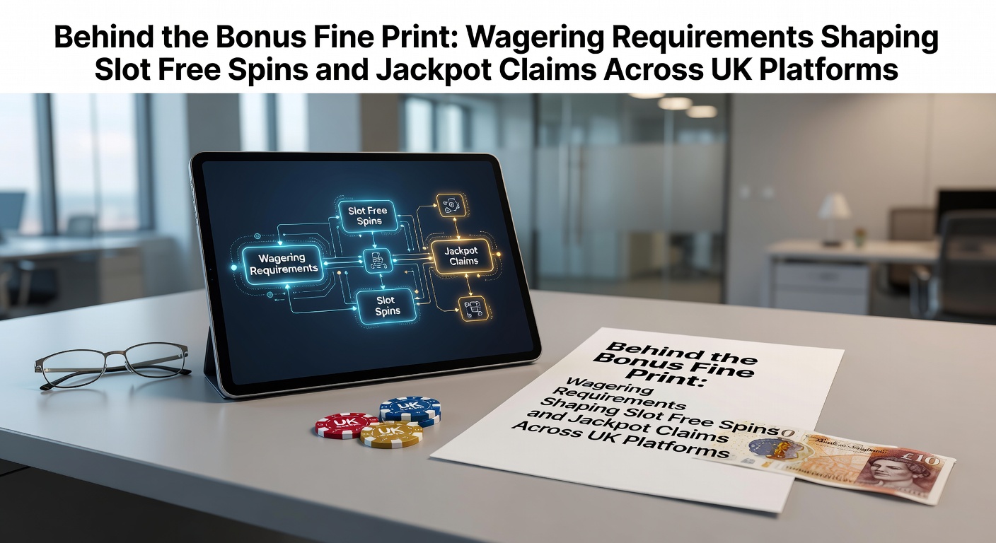 Illustration of slot machine reels with bonus symbols and a magnifying glass highlighting wagering terms in fine print