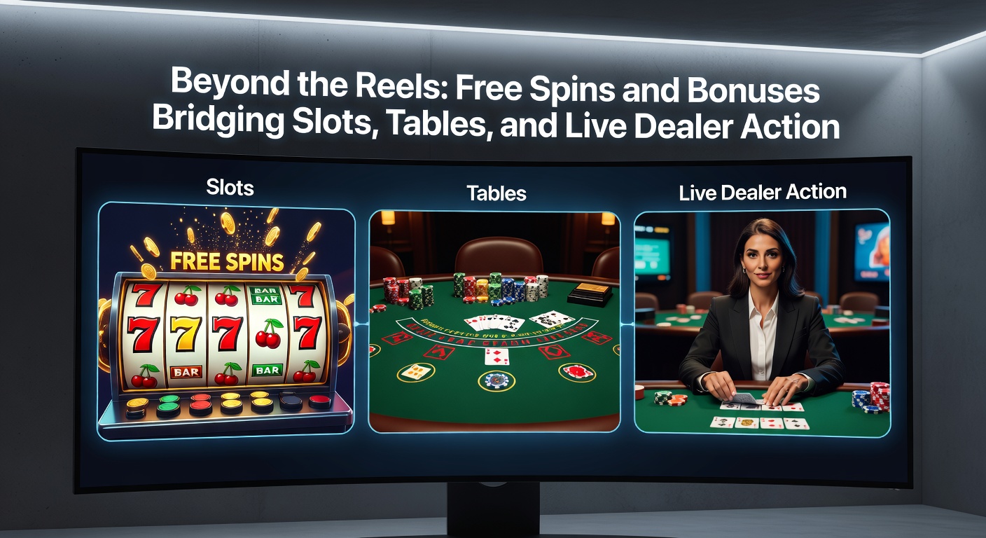 Dynamic split-screen of slot reels exploding with free spins transitioning to a live blackjack table and roulette wheel