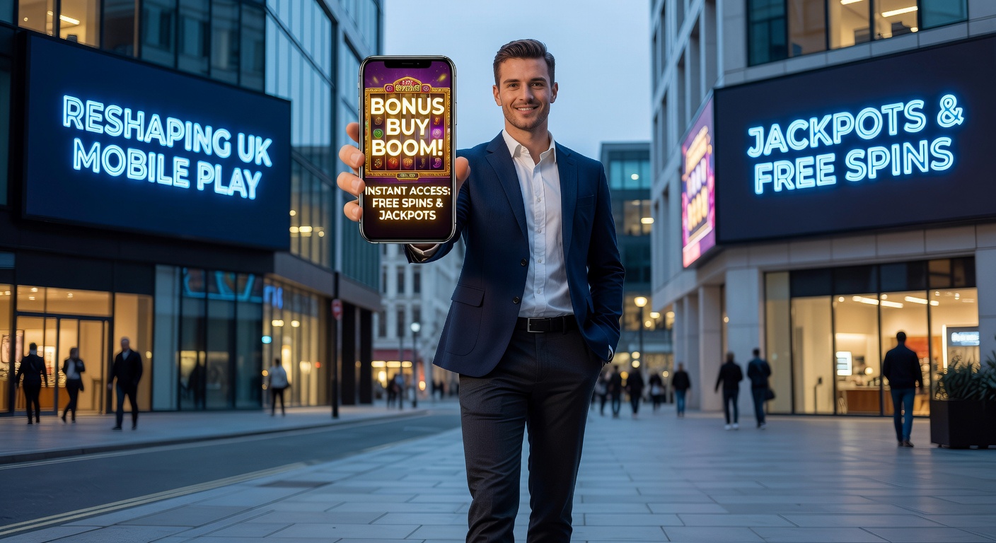Player's hand holding a smartphone displaying a slot bonus buy menu with jackpot ticker and free spin previews