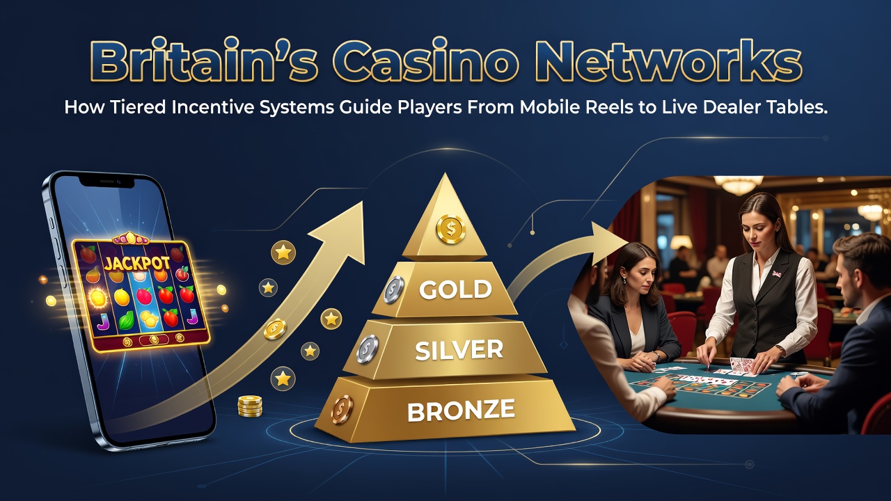 Illustration of tiered casino rewards progressing from mobile slots to live dealer tables in British casino networks