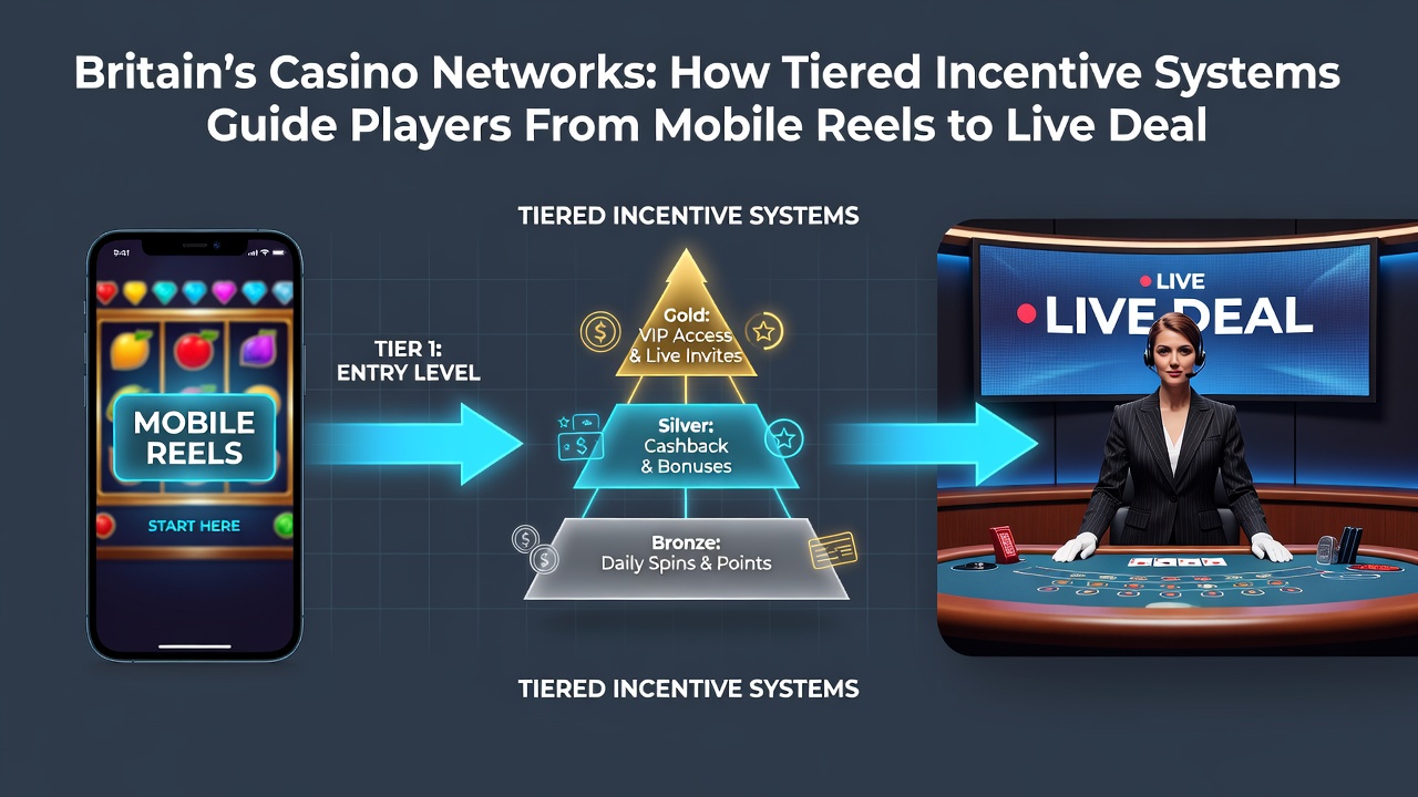 Diagram showing player journey through casino loyalty tiers from mobile reels to live dealer environments