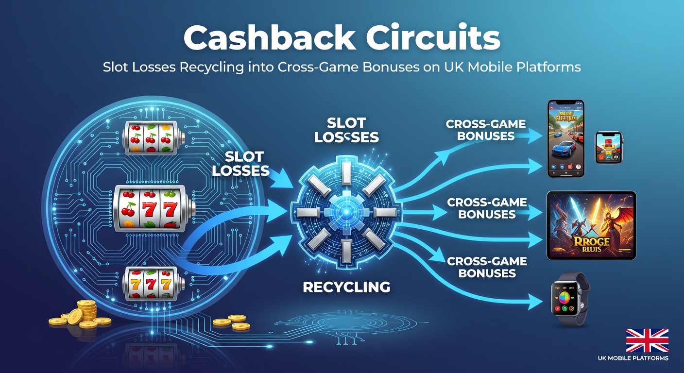 Digital graphic illustrating cashback circuits where slot losses transform into colorful bonus icons flowing into slots, tables, and live games on a mobile screen