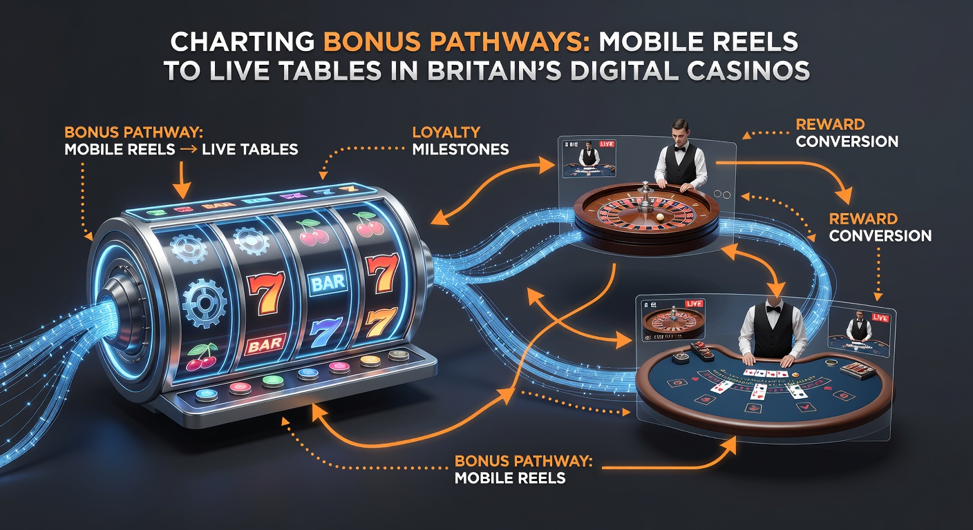 Diagram showing bonus conversion pathways from mobile reels to live dealer tables with arrows indicating reward flows in British digital casinos