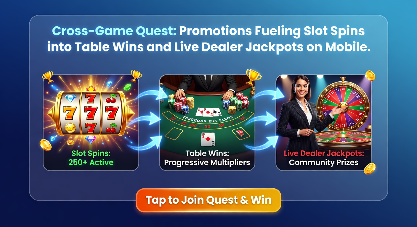 Illustration of a mobile quest map connecting slot reels, poker chips, and live dealer jackpot wheel