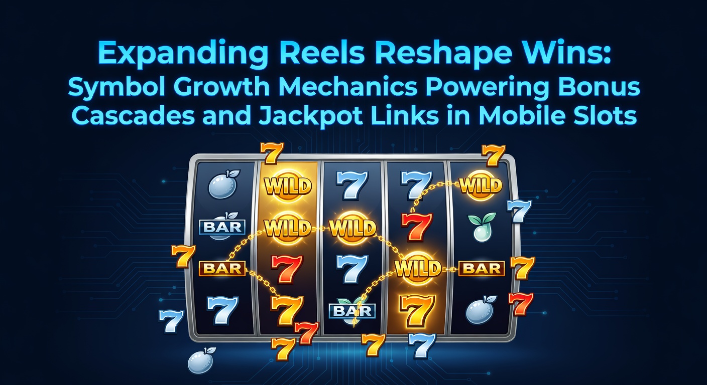 Animated expanding symbols filling entire reels in a vibrant mobile slot game, triggering cascading wins and glowing jackpot meters