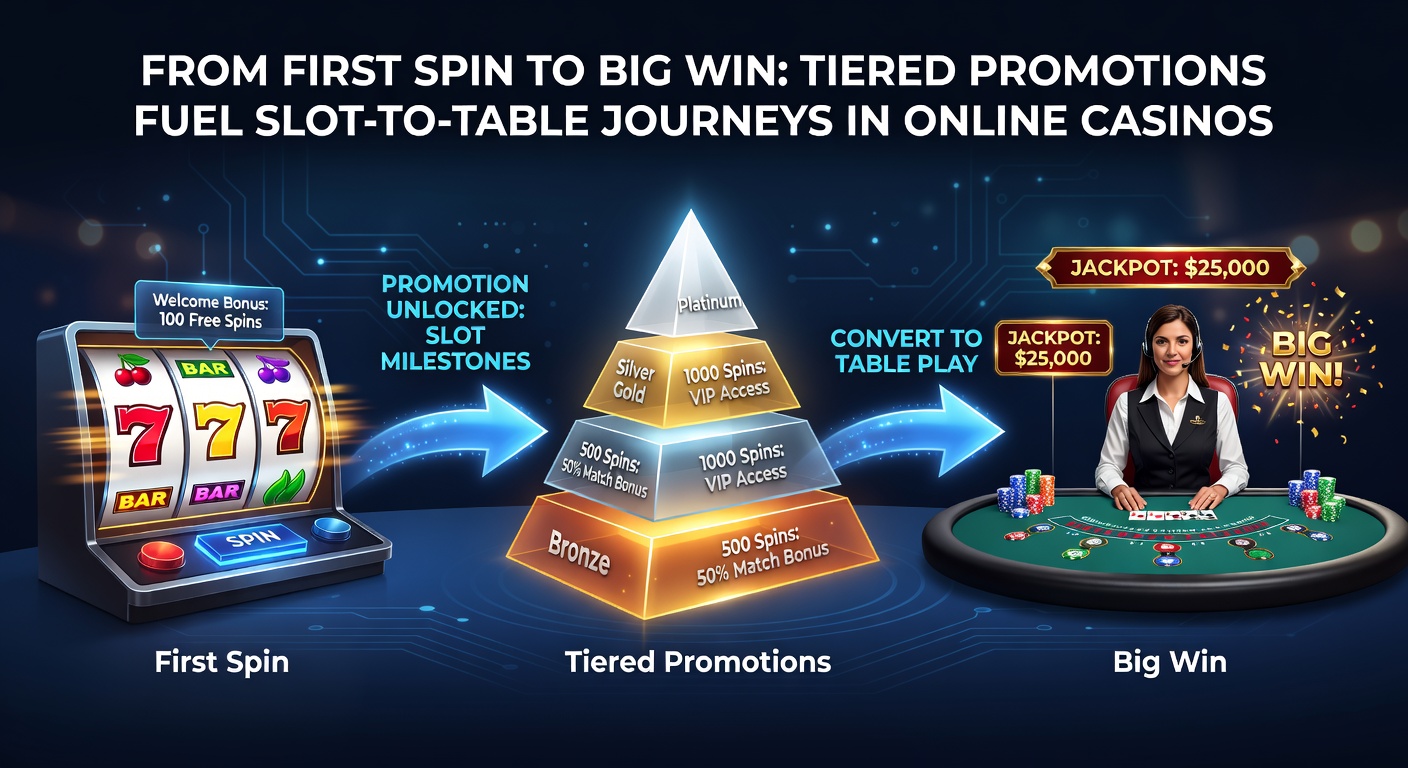 Player dashboard illustrating tier progression bars filled with slot icons morphing into table game chips and cards at higher levels