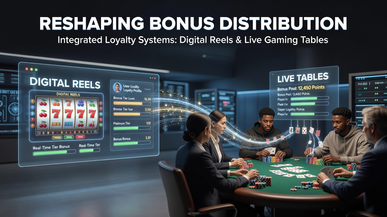 Integrated loyalty system dashboard showing points flowing between digital slot reels and live gaming tables in a modern casino interface