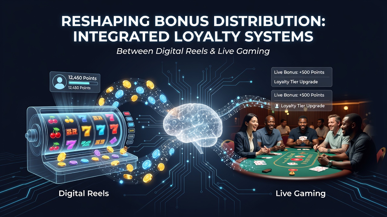 Casino floor view with players moving between digital slot machines and live gaming tables while loyalty points sync across platforms