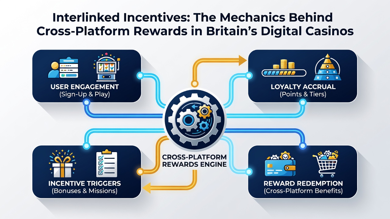 Detailed diagram showing reward point flow from mobile slots into live dealer and table game bonuses