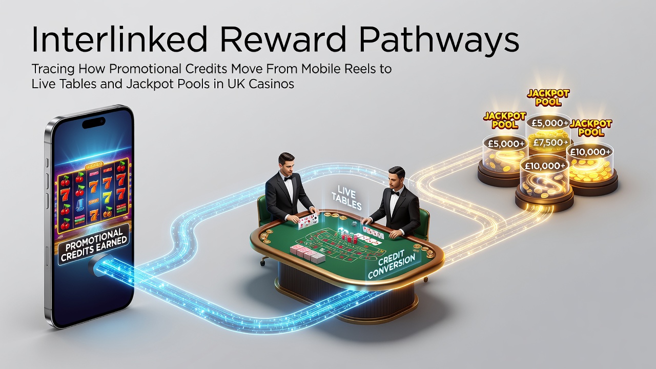 Diagram showing promotional credits flowing from mobile slot reels through connected systems to live tables and jackpot pools in UK casinos