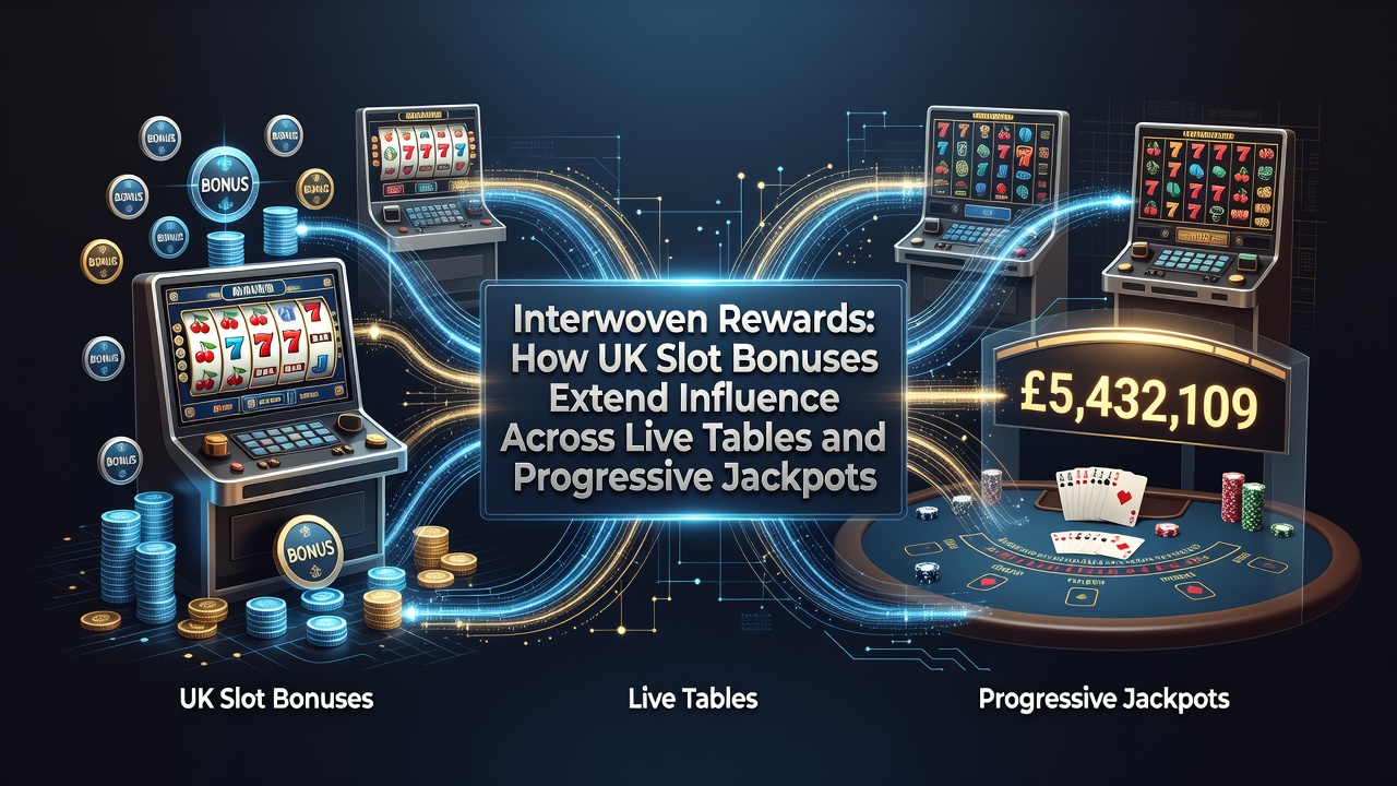 Illustration showing interconnected slot machines, live dealer tables, and progressive jackpot meters linked by glowing bonus pathways in a modern UK casino environment
