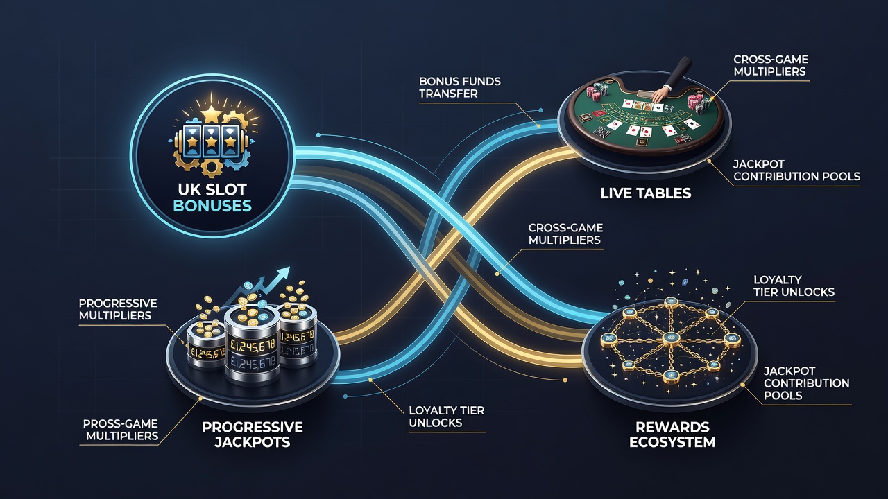 Close-up view of a digital casino interface displaying bonus balance transferring from slots section to live tables and a growing progressive jackpot counter
