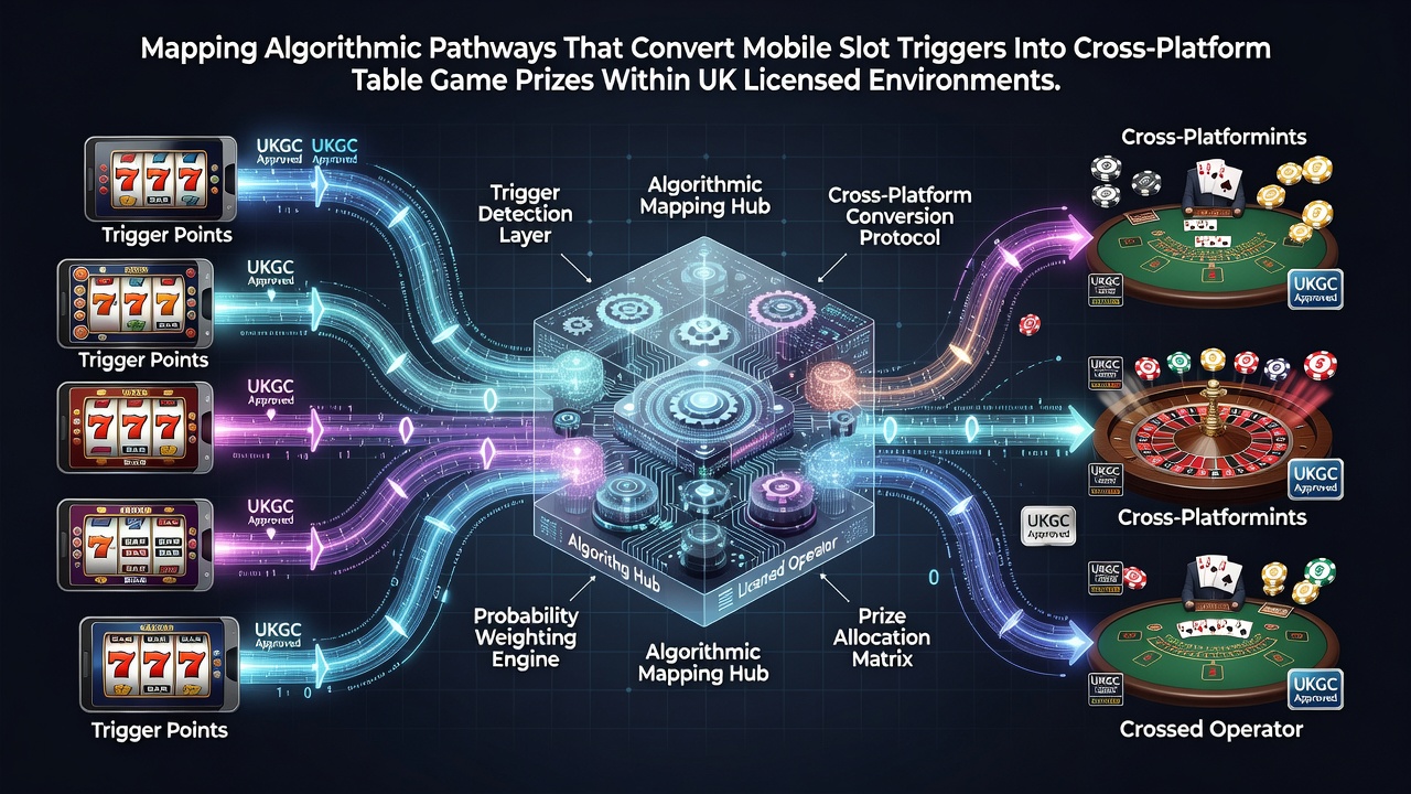 Diagram showing algorithmic flow from mobile slot triggers to table game prizes on UK licensed platforms