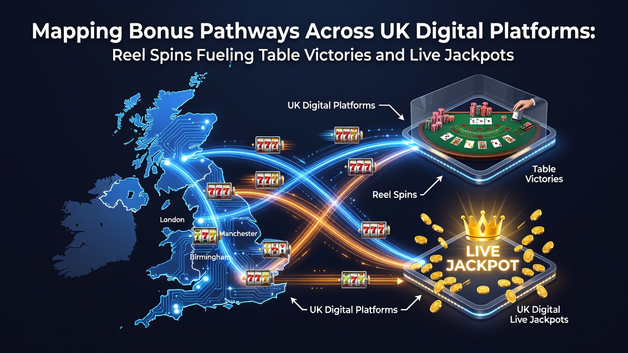 Digital interface showing interconnected bonus pathways from slot reels to table games and live dealer jackpots on UK platforms