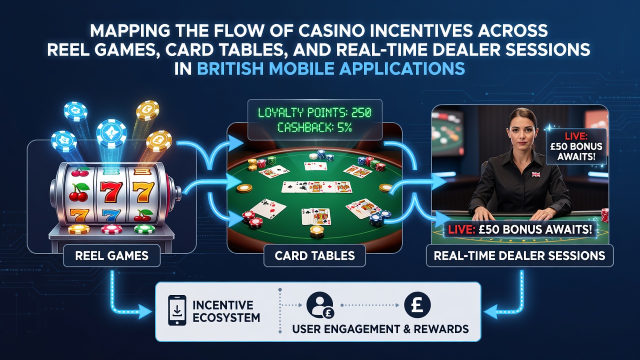 Visual diagram showing how casino bonuses transfer between slot reels, card tables, and live dealer sessions on mobile apps
