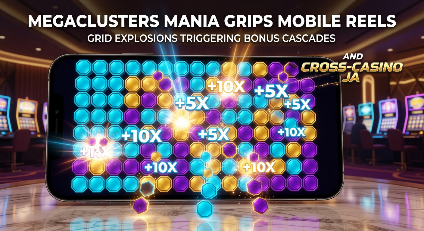 Close-up of megacluster slot bonus round with exploding grids, cascading symbols, and interconnected jackpot pools across casino apps