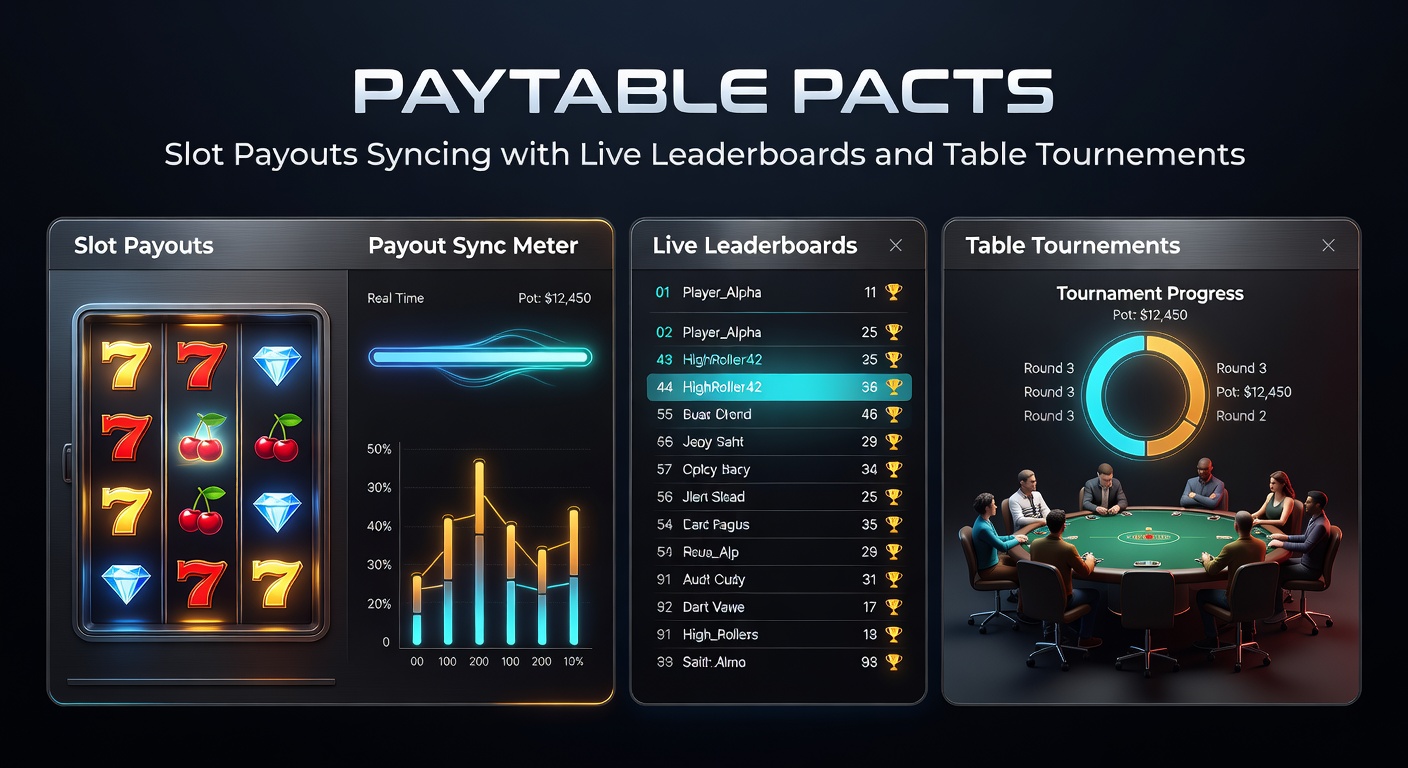 Digital slot machine screen displaying synced payout table alongside a live leaderboard and tournament standings, showing real-time updates across games
