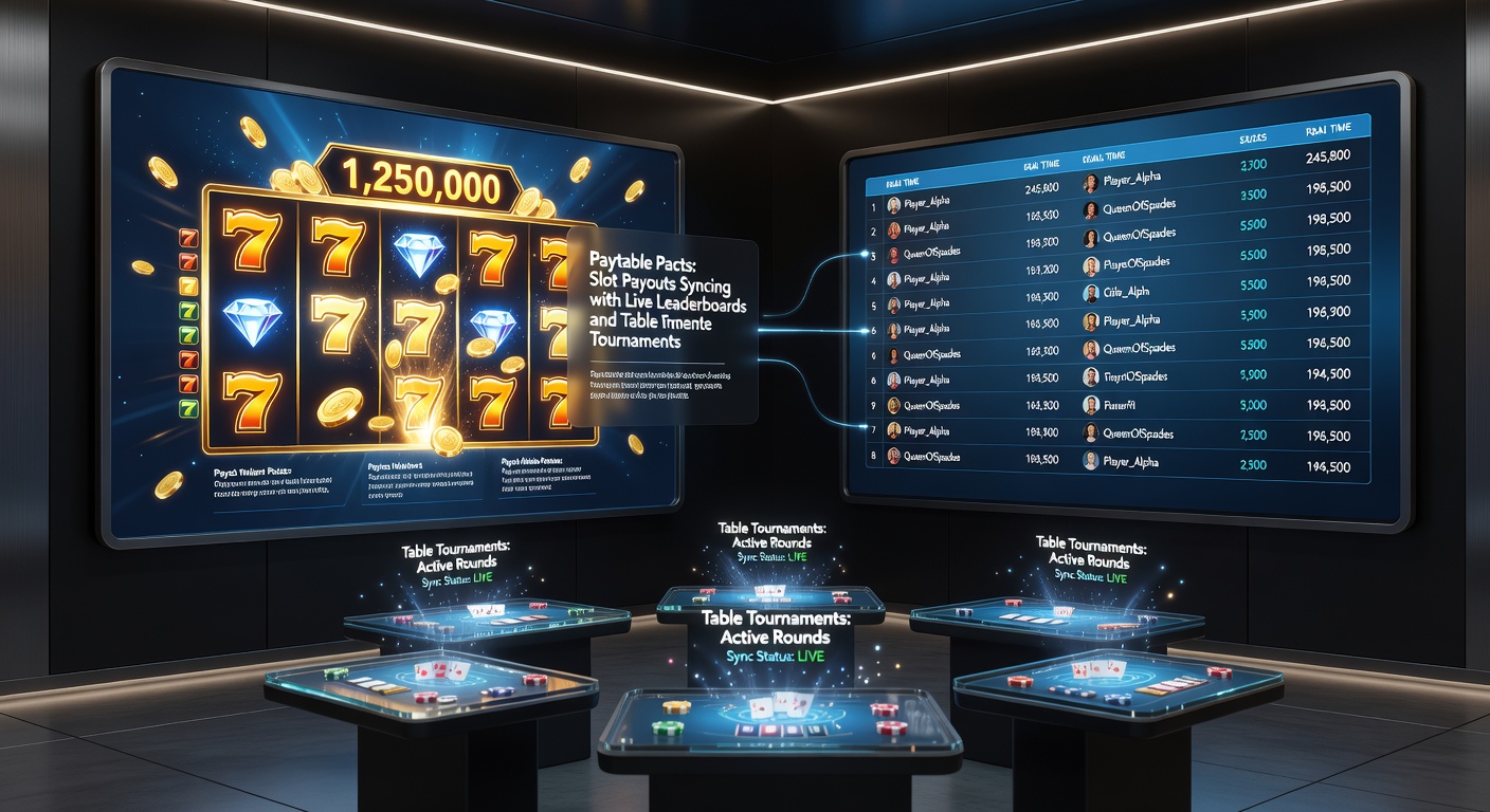 Close-up of a casino app interface showing a poker tournament leaderboard synced to a slot paytable, with glowing payout multipliers updating live based on player rankings