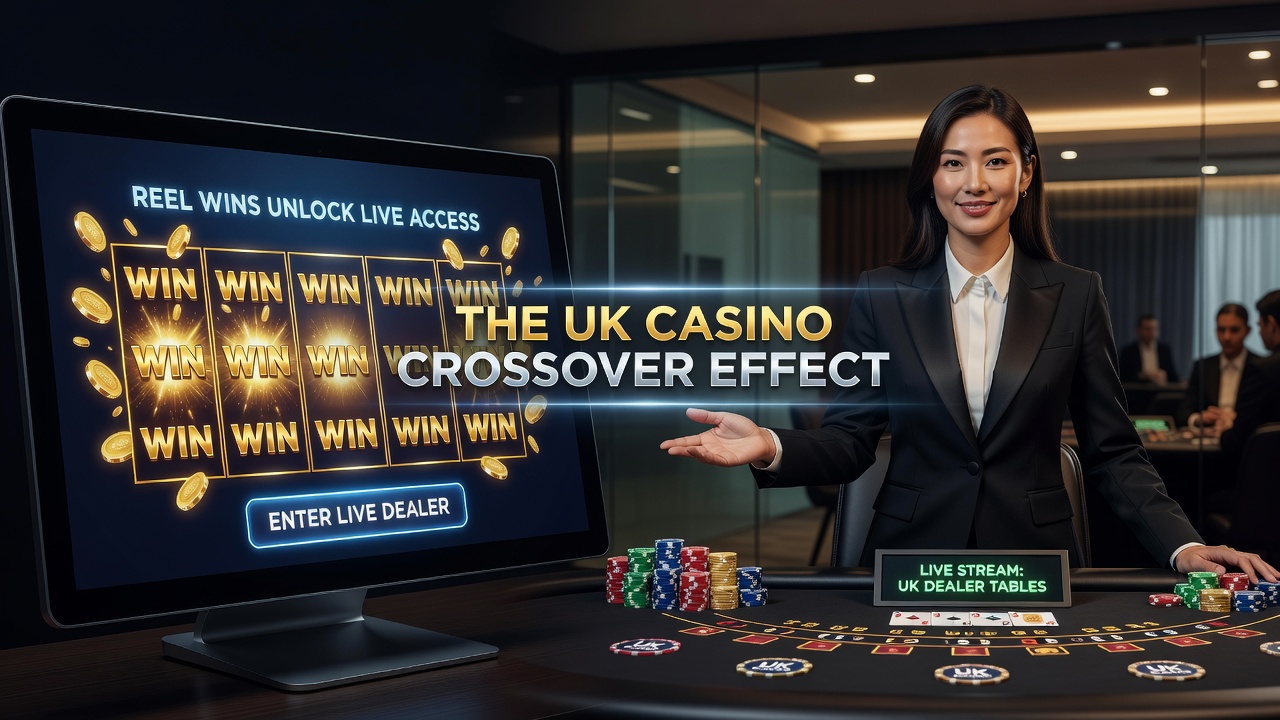 Live dealer table interface displaying crossover bonus from recent slot wins in a UK casino app
