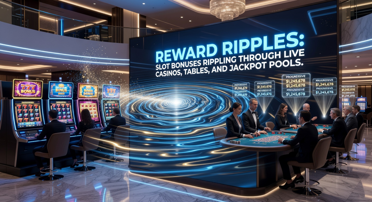 Vibrant slot machine reels spilling colorful bonus symbols that morph into live dealer tables and glowing jackpot pools, illustrating reward ripples across casino games