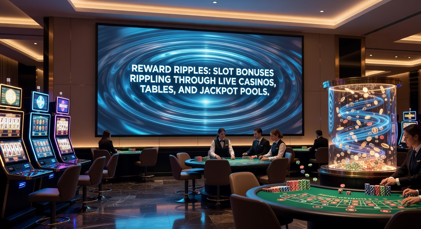 Dynamic graphic of slot bonus waves flowing from reels into a live casino stream, table game layouts, and overflowing jackpot meters, capturing the ripple effect in action