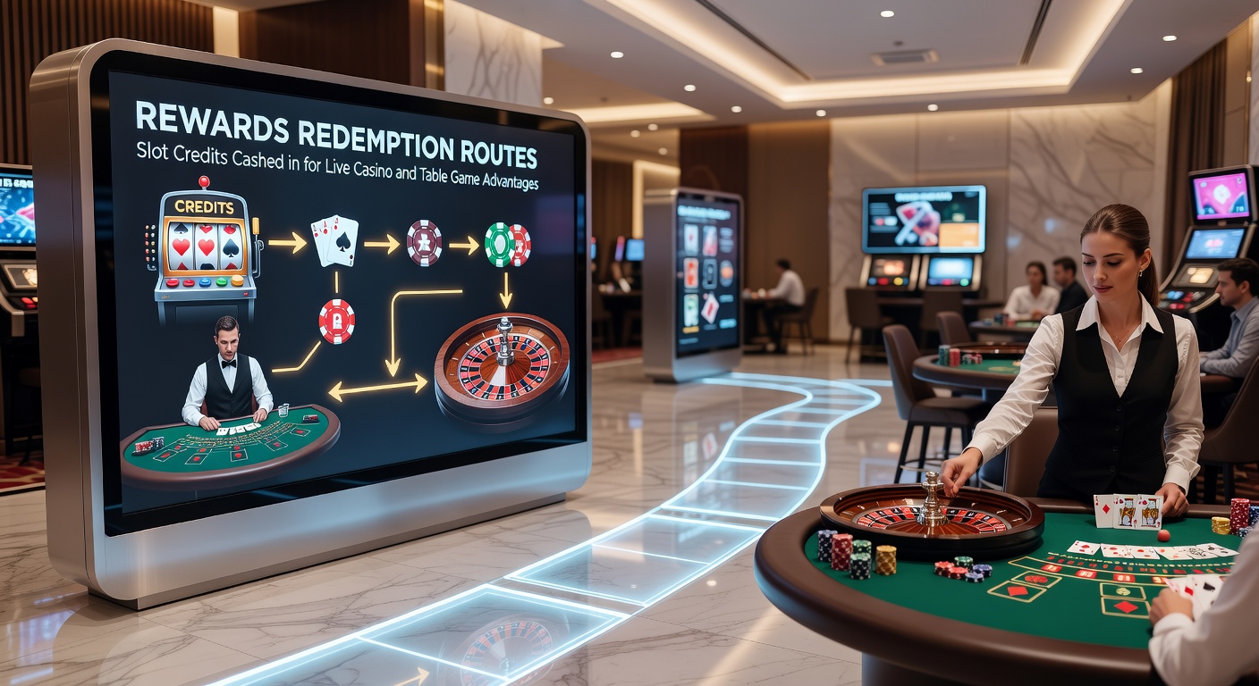 Digital interface showing slot credits converting into live blackjack chips on a casino rewards dashboard