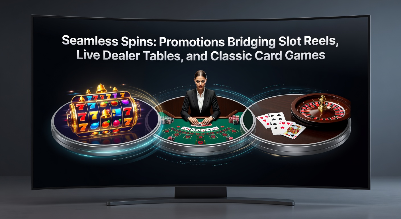 Vibrant online casino interface showing interconnected slot reels, live dealer blackjack table, and poker cards with promotional overlays linking wins across games