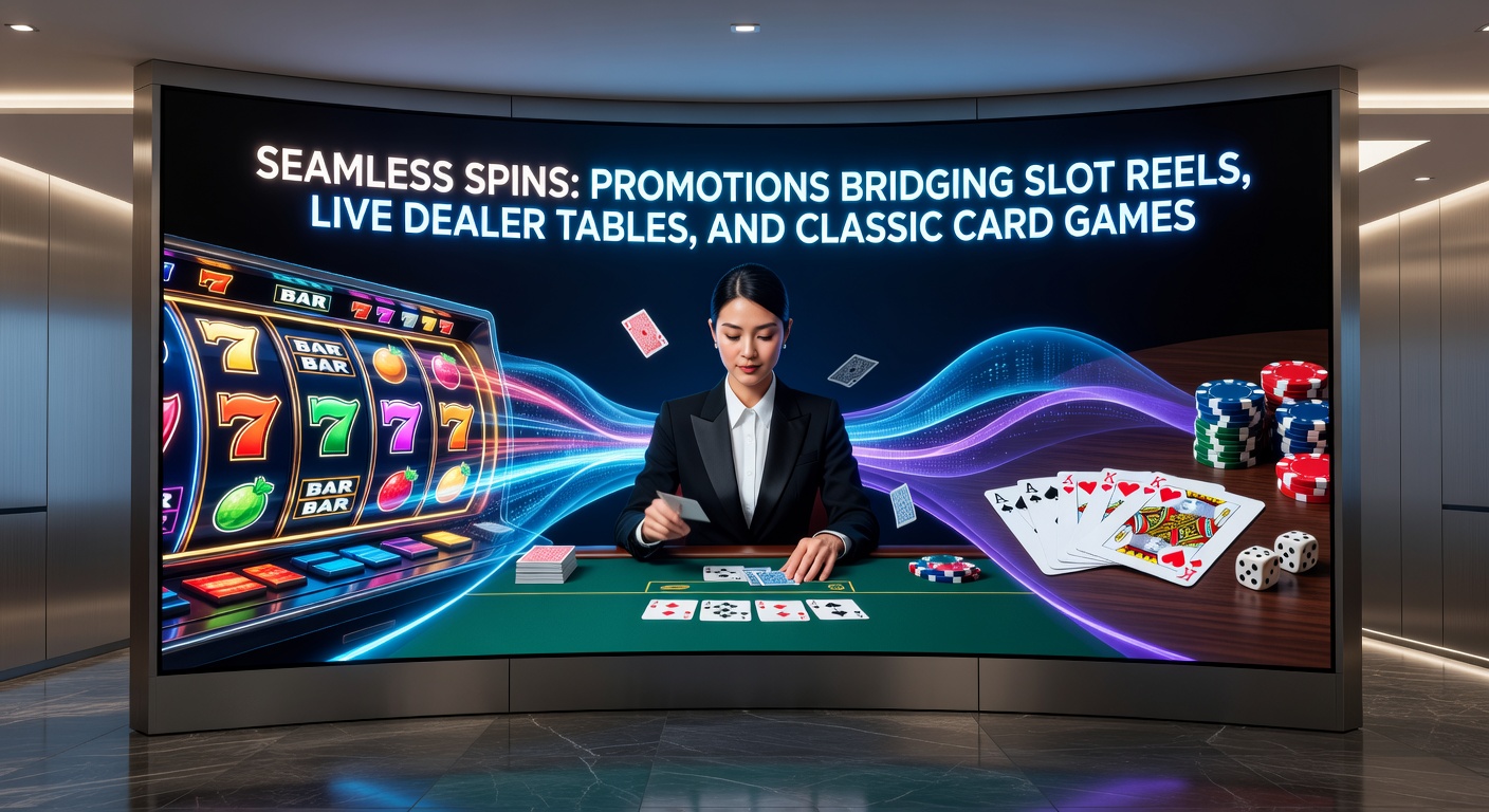 Dynamic split-screen view of a slot machine bonus round transitioning smoothly to a live dealer poker hand and blackjack table with shared promotional meters building excitement