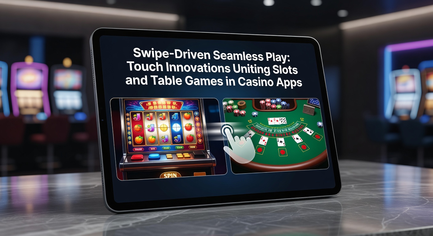 Mobile casino app interface showing swipe gesture transitioning from slot reels to blackjack table