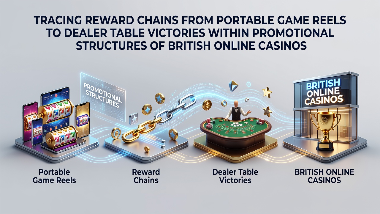 Illustration of reward chains connecting mobile slot reels to live dealer table victories in British online casino promotions