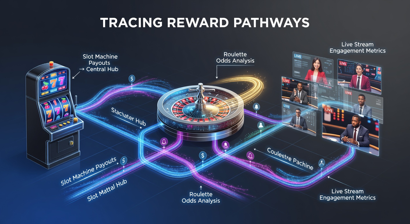 Digital interface showing connected reward pathways between slot machines, roulette wheels, and live streams in an online casino environment
