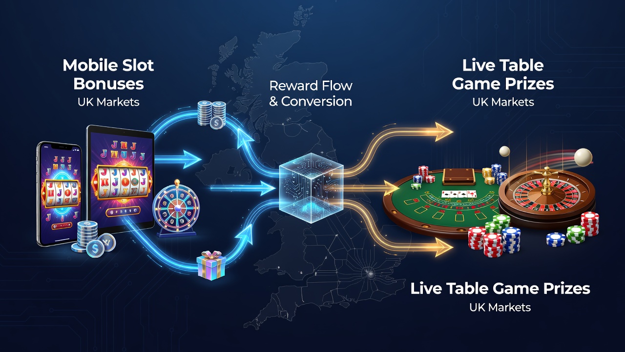 Diagram illustrating the progression of casino rewards from mobile slot bonuses through wagering stages to live table game prizes in UK markets