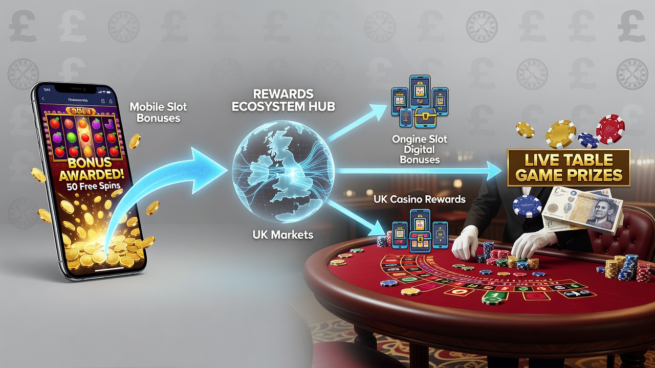 Illustration of player journey showing rewards evolving from mobile slot free spins into live table game prizes within UK casino ecosystems