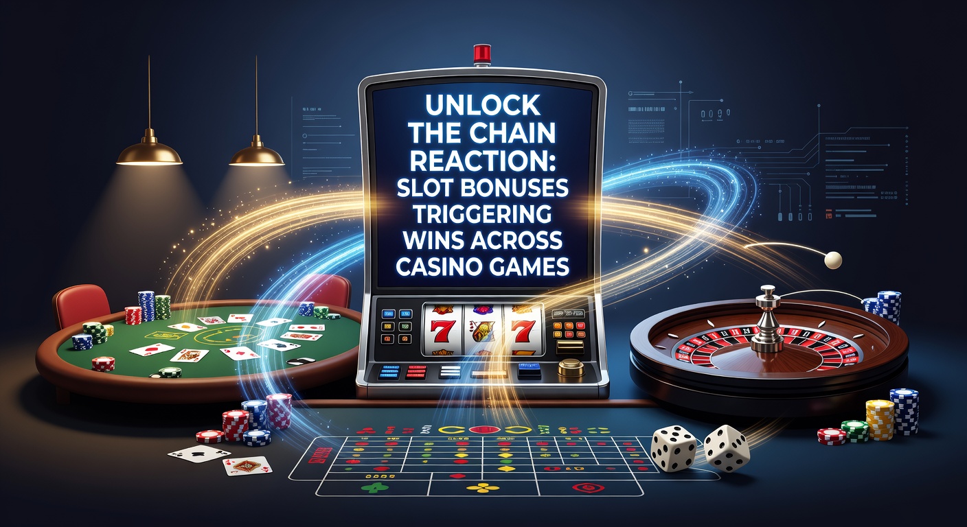 Vibrant slot machine display showing cascading symbols and bonus triggers linking to table game icons like roulette wheels and blackjack cards