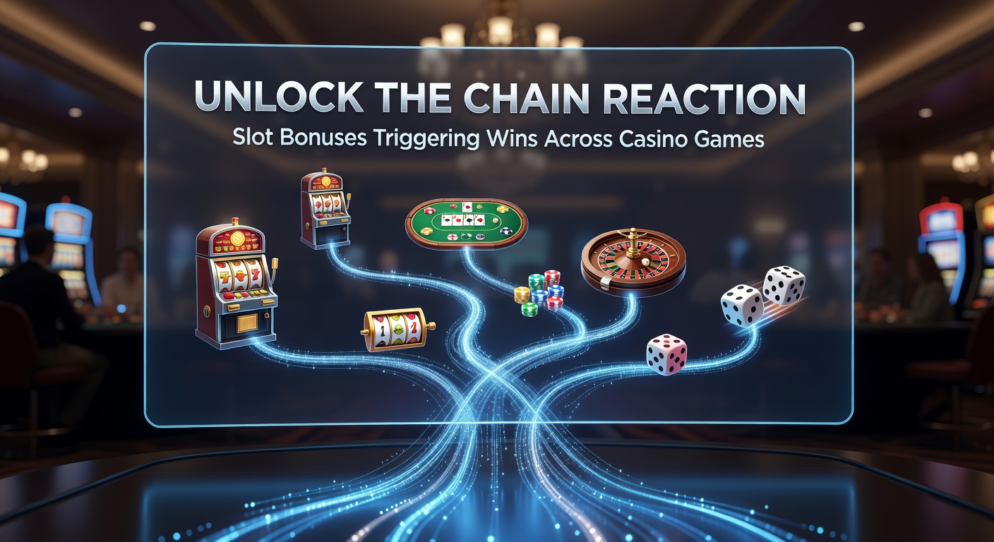 Dynamic graphic illustrating a chain reaction from slot reels exploding into table game wins, with arrows connecting symbols to cards, dice, and wheels