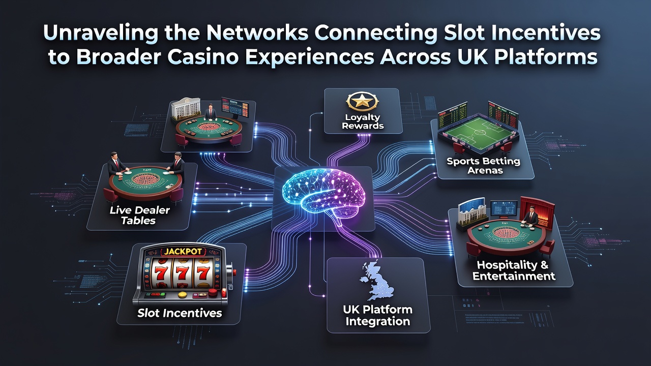 Diagram showing interconnected slot incentives flowing into table games, live dealer rooms, and jackpot pools on UK casino platforms