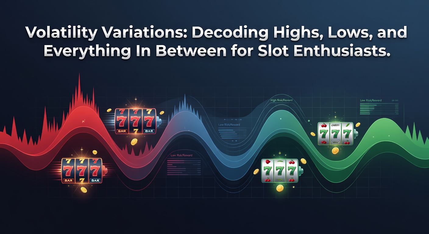 Colorful slot machine reels spinning with volatility indicators overlay showing low, medium, and high variance charts
