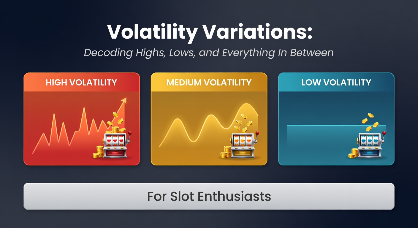 Graph comparing payout distributions for low, medium, and high volatility slots, with bars illustrating win frequency versus size