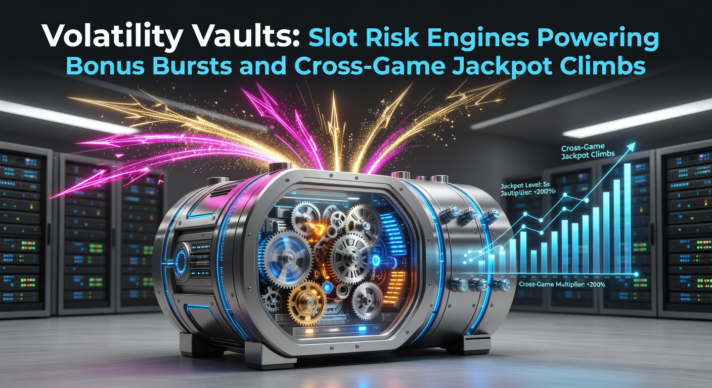 Illustration of a volatility vault mechanism showing risk engines channeling energy into bonus bursts and jackpot reservoirs in slot games